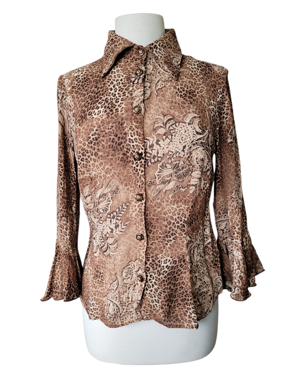 Y2K Bell Sleeves Blouse Animal Print Floral Glam Brown Tan Semi Sheer Small